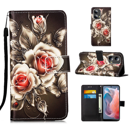 Moto G 5G 2024 Colored Drawing Pattern Plain Weave Leather Phone Case - Roses On Black